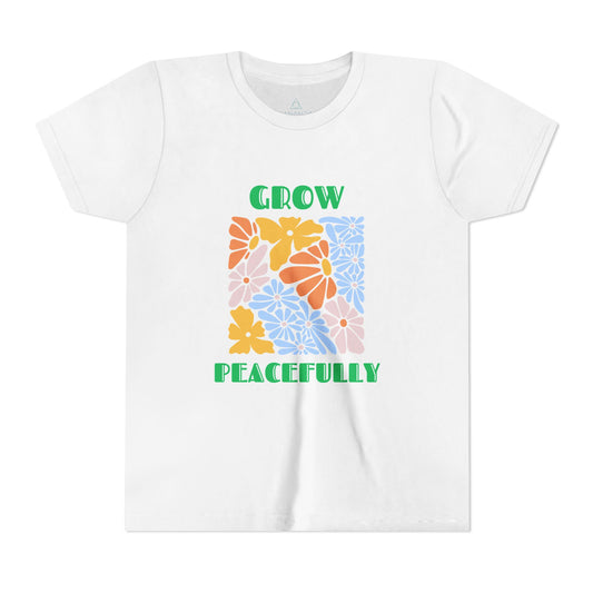 Youth Tee 'Grow Peacefully' Design, Kid's T-Shirt, Summer Outfit, Bright Floral Shirt