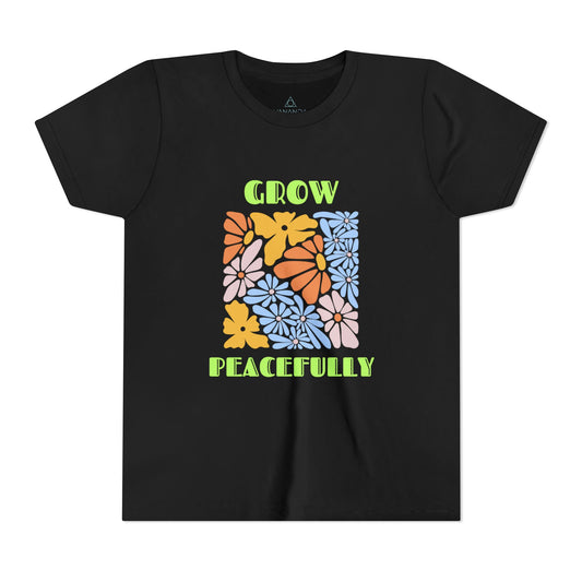 Youth Tee 'Grow Peacefully' Design, Kid's T-Shirt, Summer Outfit, Bright Floral Shirt
